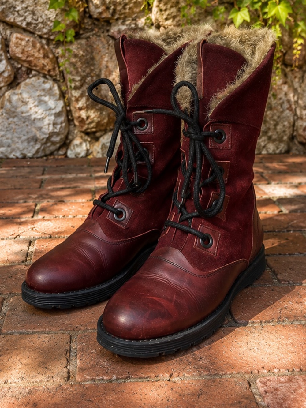 BOS & CO. European Lace-Up Burgundy Faux Fur Leather Cozy Winter Boots, 37